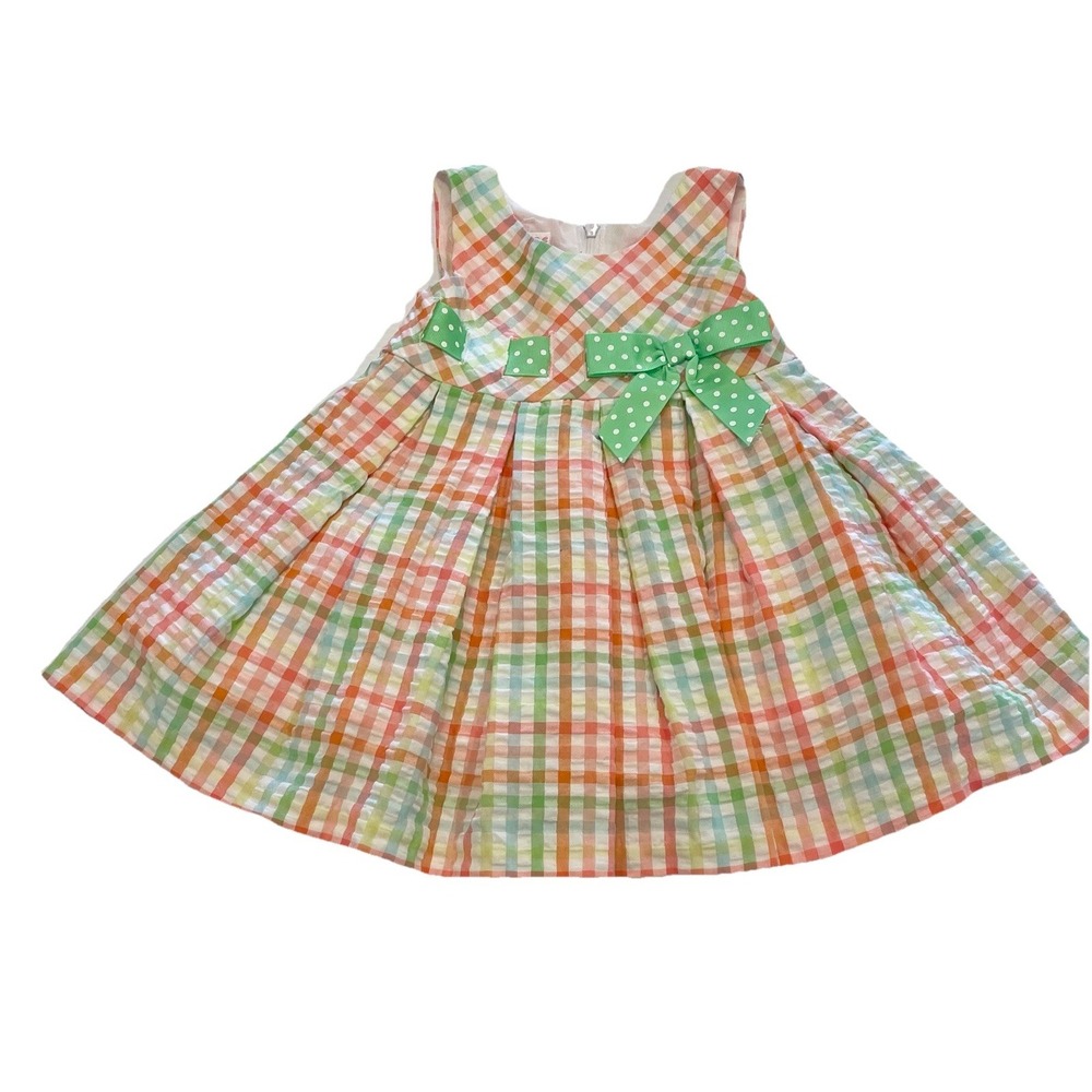 Bonnie Dress Baby Girls Size 12 M Months Sear Sucker w/slip &!Ribbons lined EUC